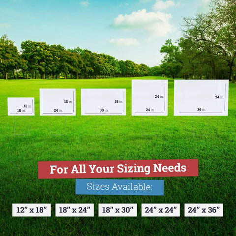 Double Sided Customizable Outdoor Yard Sign Made From Corrugated Plastic With Metal H Stake For Biz Garage Sale Home Or Office Use Easy To Design And Read 18x24 Inches shown with size options on display in a field