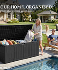 Persons using 200 Gallon Outdoor Storage Box Resin Deck Box With Lock Waterproof Patio Furniture Bin And 3 Person Bench Seating For Garden Tools And Pool Accessories Black by pool.
