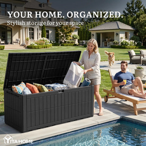 Persons using 200 Gallon Outdoor Storage Box Resin Deck Box With Lock Waterproof Patio Furniture Bin And 3 Person Bench Seating For Garden Tools And Pool Accessories Black by pool.