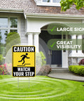 Two Pack Watch Your Step Yard Signs With Metal Stakes 12 By 9 Inches Corrugated Plastic Outdoor Caution Signs Bold Lettering Easy Install No Tools Needed placed on lawn