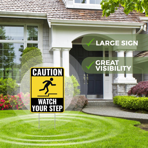 Two Pack Watch Your Step Yard Signs With Metal Stakes 12 By 9 Inches Corrugated Plastic Outdoor Caution Signs Bold Lettering Easy Install No Tools Needed placed on lawn