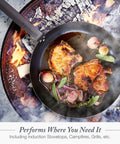 Budget-Friendly Carbon Steel Frying Pan 12 Inch pre-seasoned with pork chops and herbs over campfire flames