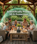 Family using Portable Mosquito Repellent Device For Outdoor And Indoor Use Rechargeable Electronic Insect Repellent With 20 Feet Coverage in backyard patio setting with visible 20 ft protection.
