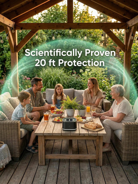 Family using Portable Mosquito Repellent Device For Outdoor And Indoor Use Rechargeable Electronic Insect Repellent With 20 Feet Coverage in backyard patio setting with visible 20 ft protection.