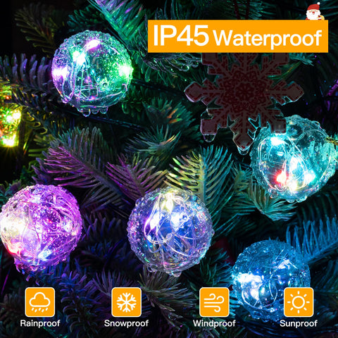 Lit 30Ft Outdoor String Lights RGBW With 30 Edison LEDs on tree highlighting waterproof and weatherproof features.