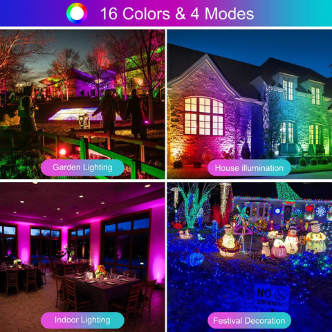 Different scenes using RGB LED Flood Lights 1000W Equivalent Outdoor IP66 Waterproof 2 Pack With Remote 16 Colors 4 Modes 10000 Lumen