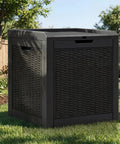 32 Gallon Resin Deck Box With Lockable Lid And Easy Carry Side Handles in a garden setting