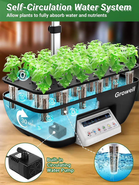 17 Pod Hydroponics Growing System Kit With 102 28W Full Spectrum Grow Lights Two Fans Auto Timer Water Pump 10L Tank Height Adjustable Indoor Garden In Black And White Dope Setup with visible self-circulation water system and green plants