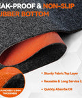 Close-up of 36 by 59 inch heavy duty oil spill mat with upgraded non-slip rubber backing, demonstrating thickness and texture.