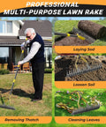 Man using 19-Tine Thatch Rake With Adjustable Head Angle And 55 Inch Steel Handle For Lawn Care, Heavy Duty Dethatcher Tool