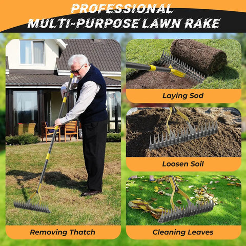 Man using 19-Tine Thatch Rake With Adjustable Head Angle And 55 Inch Steel Handle For Lawn Care, Heavy Duty Dethatcher Tool