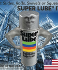 Super Lube Multi-Purpose Synthetic Lubricant character against a background of industrial machinery, made in USA label visible.