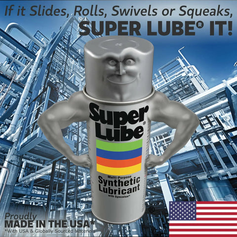 Super Lube Multi-Purpose Synthetic Lubricant character against a background of industrial machinery, made in USA label visible.