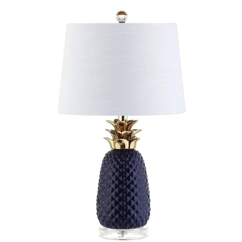 Navy Blue And Gold Pineapple Ceramic Table Lamp For Bedroom Decor With White Linen Drum Shade And LED Bulb Modern Whimsical Bedside Nightstand Light