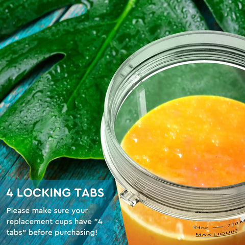 Close-up of 24oz Smoothie Blender Cup with Sip and Seal Lid showing orange smoothie and 4 locking tabs for leakproof secure use.