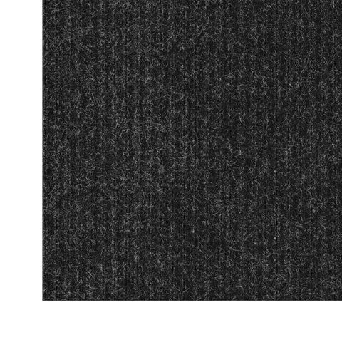 Close-up of black non-slip rug with scrape rib pile, durable polyester for indoor and outdoor use, easy clean, ultra flat, 2 ft by 12 ft