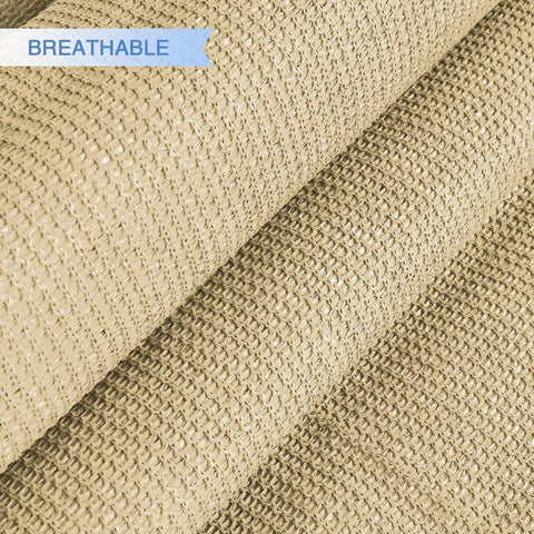 Close-up of breathable 180GSM HDPE fabric in sand color for Sun Shade Sail Triangle Canopy For Patio And Backyard 22 Foot by 22 Foot by 22 Foot