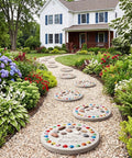 DIY Stepping Stone Kit With 12 Round 10 Inch Molds For DIYers Ocean Theme Resin Animals And Ladybug Decor installed in garden path