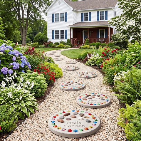 DIY Stepping Stone Kit With 12 Round 10 Inch Molds For DIYers Ocean Theme Resin Animals And Ladybug Decor installed in garden path