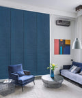 Cordless 4 Rail Sliding Panel Track Blinds For Doors And Windows, Adjustable From 45.8 To 86 Inches Wide And 96 Inches Tall, blue fabric