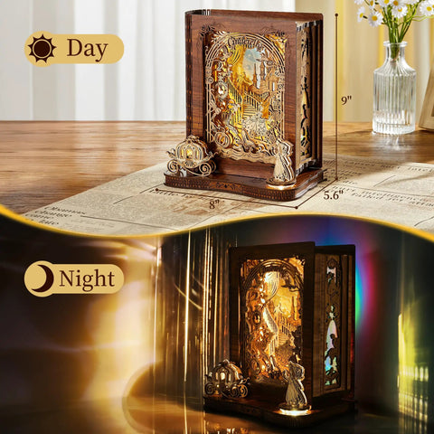 Cinderella LED 3D Puzzle Night Light DIY Storybook Lamp showing daytime and nighttime views on a desk.