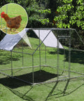 Walk In Metal Chicken Coop With Cover And Perch For Outdoor Backyard Use, Large Enclosure For Chickens Ducks And Rabbits, 118 Inch Long By 118 Inch Wide By 78.7 Inch High, Sturdy Outdoor Run And Pen in a grassy backyard.