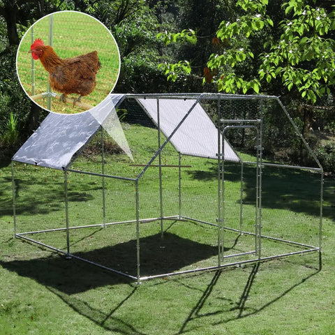 Walk In Metal Chicken Coop With Cover And Perch For Outdoor Backyard Use, Large Enclosure For Chickens Ducks And Rabbits, 118 Inch Long By 118 Inch Wide By 78.7 Inch High, Sturdy Outdoor Run And Pen in a grassy backyard.