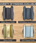 Adjustable Double Action Spring Hinge For Saloon And Cafe Doors, Built Tough Self Closing Dual Swing Hardware, 4 Inch Steel Hinge In Brass Finish With Rust Resistance, Also Available In Zinc Matte Black Oil Rubbed Bronze. finishes shown: matte black, oil rubbed bronze, brass, zinc plated