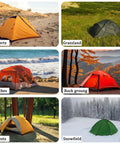 Various tents in different environments including deserts, grassland, beaches, forests, rock ground, and snowfield.
