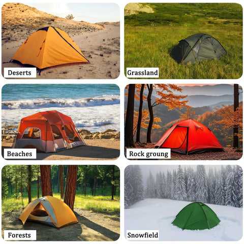 Various tents in different environments including deserts, grassland, beaches, forests, rock ground, and snowfield.