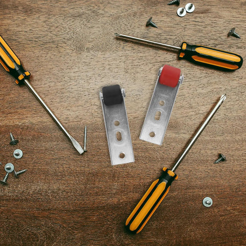 Heavy Duty Sliding Barn Door Rollers Built Tough For Large Widths Cold Rolled Steel Hardware on a wooden surface with tools.