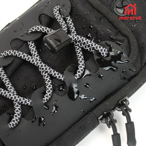 Close-up of waterproof Ride Ready Front Battery Frame Cover Storage Bag for electric dirt bikes with reflective rope and zipper