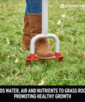 Yardbreather Manual Core Lawn Aerator with heat-treated steel footplate and spikes in grass, slip resistant foot