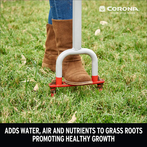 Yardbreather Manual Core Lawn Aerator with heat-treated steel footplate and spikes in grass, slip resistant foot