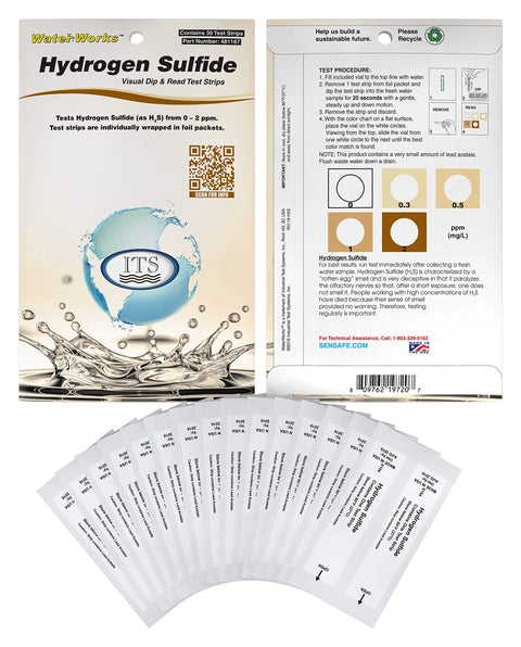 No Sweat Hydrogen Sulfide Water Test Strips For Well And Pool Checking Slick Setup 30 Count Foil Pack with strips and instructions.