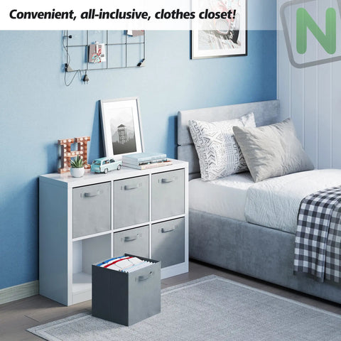 Six Cube Storage Organizer Set With Fabric Bins for clothes, toys in modern bedroom next to bed.