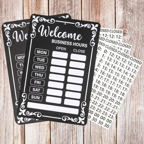 Two Pack Changeable Business Hours Signs For Doors And Windows With Six Time Stickers In Durable Black PVC Measuring 13.78 By 9.45 Inches Perfect For Coffee Shops Bars Cafes Restaurants Front Entrance Or Window Displays