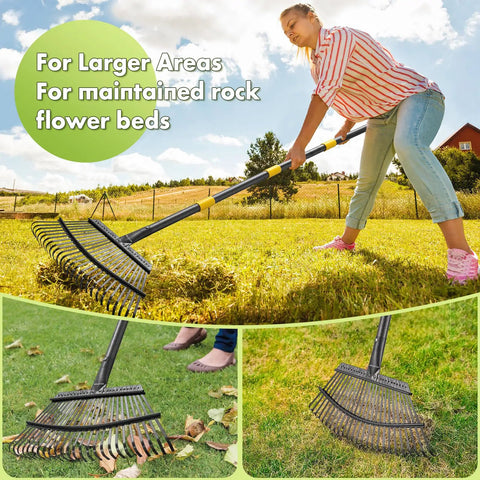 Woman using Heavy Duty Metal Leaf Rake With Adjustable 79 Inch Handle And 18 Inch Wide Head Featuring 25 Sturdy Tines for lawn cleanup.