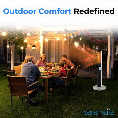 Crank Up The Cozy With This Portable Infrared Patio Heater Tower With Remote Control 1500W in use at nighttime outdoor dinner scene.