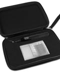 Deburring tool with blade in black zippered case; includes 10 high-speed steel burr blades and blade storage