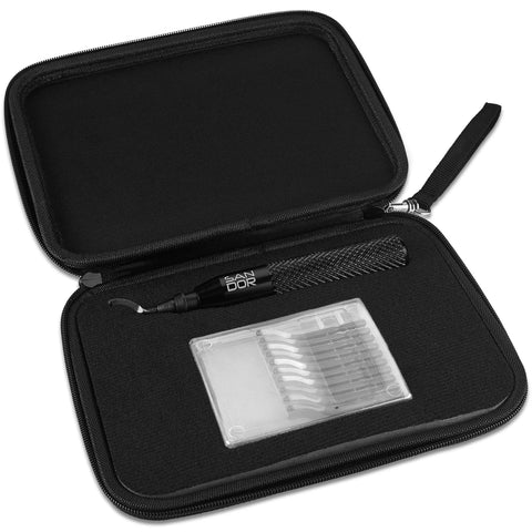 Deburring tool with blade in black zippered case; includes 10 high-speed steel burr blades and blade storage
