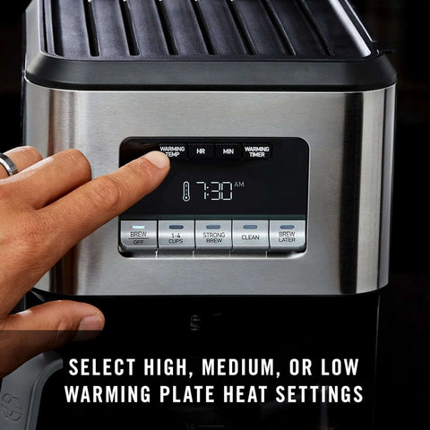 Display panel of Programmable Coffee Maker With Glass Carafe, 14 Cup Capacity, Stainless Steel Finish, showing auto brew timer.