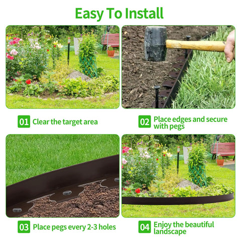 Steps for installing 2 Inch By 33 Foot Garden Edging Border Coil With 30 Stakes, showing easy DIY landscaping process.