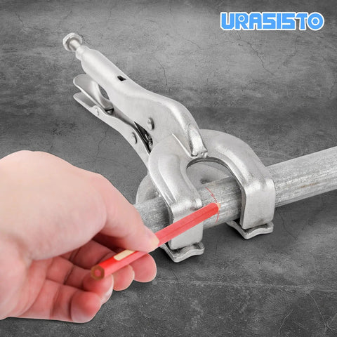 Using Heavy Duty 10 Inch Locking Pliers Welding Clamp With Quick Lock Release on metal pipe, marking for welding projects