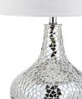 Emilia 26 Inch Mirrored Mosaic LED Table Lamp with teardrop silhouette and white linen shade in silver finish for desks and nightstands.