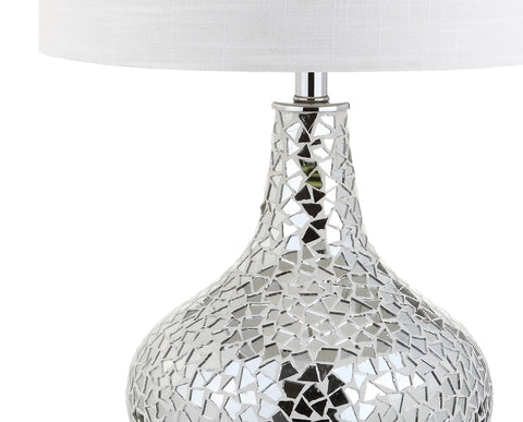 Emilia 26 Inch Mirrored Mosaic LED Table Lamp with teardrop silhouette and white linen shade in silver finish for desks and nightstands.