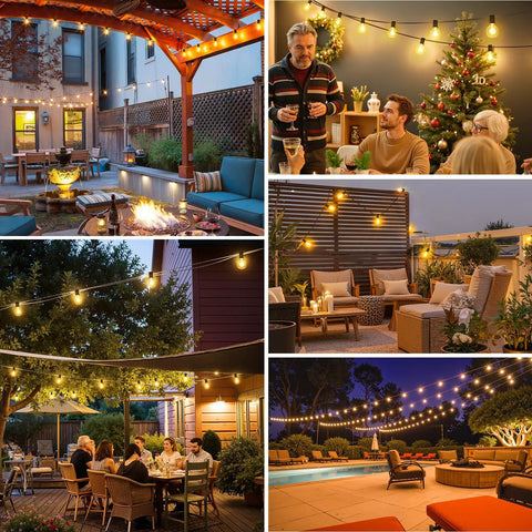 Collage of Bold 25 Foot Solar Powered String Lights Outdoor Waterproof With 11 Shatterproof G40 LED Bulbs for backyard decor.