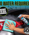 Swift Wipe Waterless Car Wash Spray With High Lubrication Formula, No Water Needed, Wipe And Shine On The Go, Safe For All Finishes, Streak Free Finish, Safe For Clear Coat And Chrome, Great For Daily Detailing, 1 Gallon. Waterless car wash spray applied to a black car with microfiber towel.