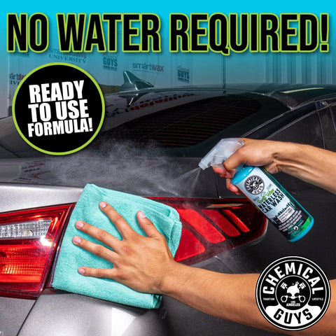 Swift Wipe Waterless Car Wash Spray With High Lubrication Formula, No Water Needed, Wipe And Shine On The Go, Safe For All Finishes, Streak Free Finish, Safe For Clear Coat And Chrome, Great For Daily Detailing, 1 Gallon. Waterless car wash spray applied to a black car with microfiber towel.