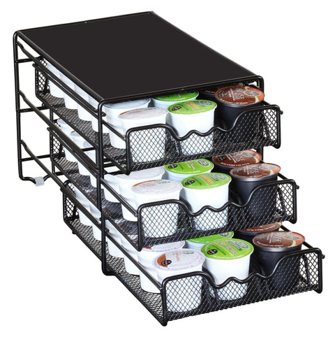 Three Tier K Cup Drawer Organizer For 54 Coffee Pods In Black, Space Saving Sliding Drawers, Perfect For Countertop Or Cabinet